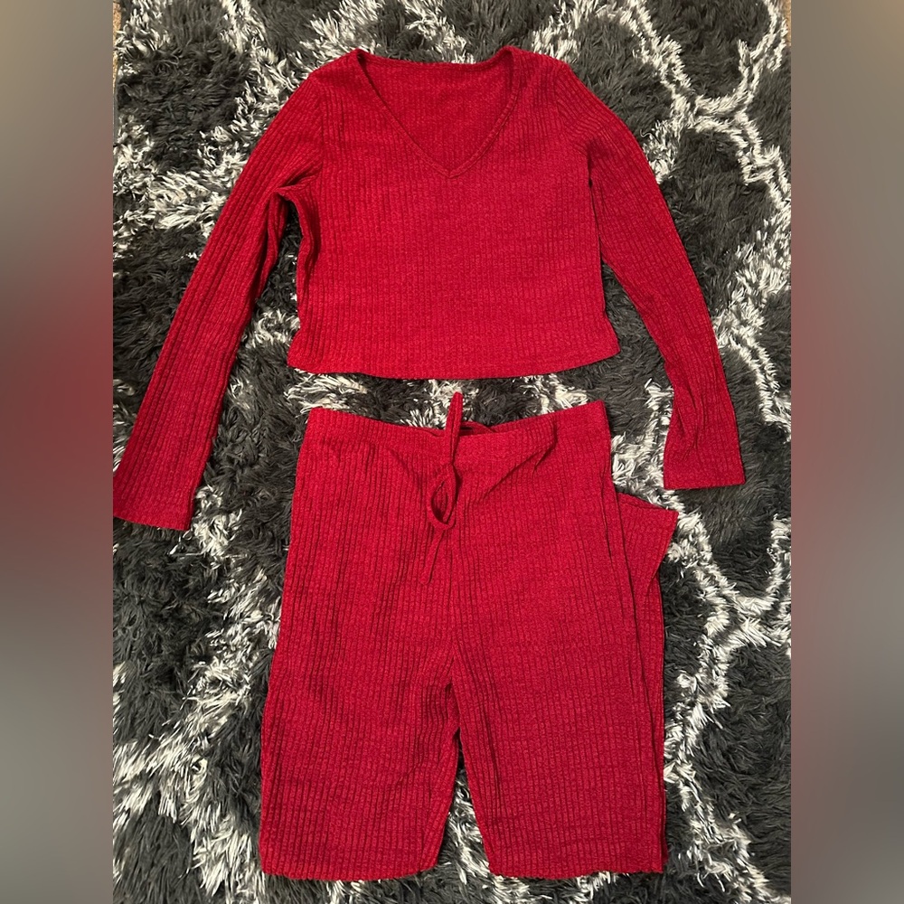 Red Ribbed Loungewear Set